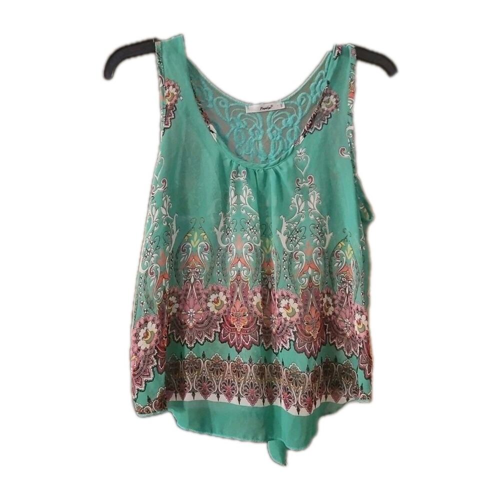 Papaya Blouse Top Womens Sz Med Green Floral With Lace Lightweight Med Small Fit